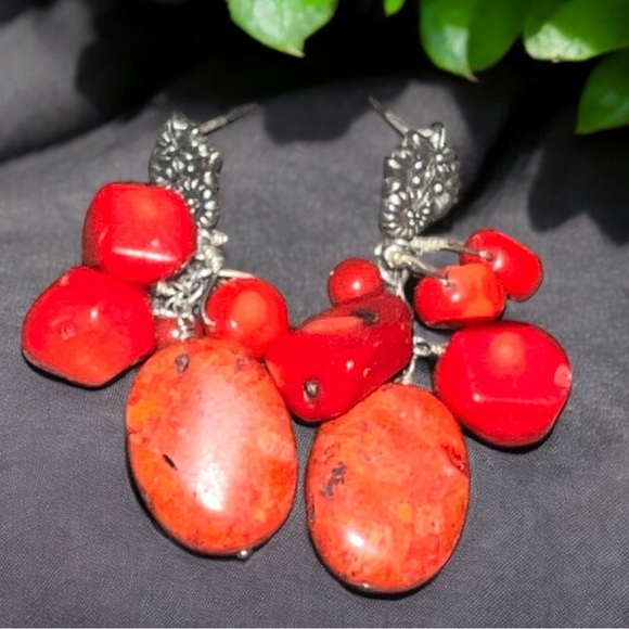 BARSE THAI ORANGE RED SPONGE CORAL STERLING SILVER DANGLE EARRINGS Drop Boho - Picture 3 of 5